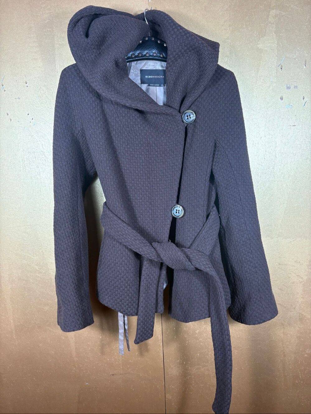 BCBGMaxazria texted brown hooded wrap jacket size S